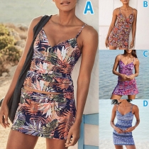 Bohemia Style Floral Print Swimsuit Set consist of Swim Slip Top and Swim Cover-Up Mini Skirt