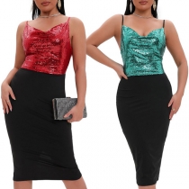 Sexy Contrast Color Sequined Spliced Draped Bodycon Slip Dress