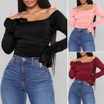 Sexy Solid Color Off-the-shoulder  Trumpet Long Sleeve Ruched Bodysuit