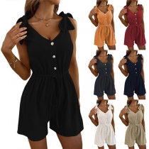 Casual Solid Color V-neck Bowknot Buttoned Sleeveless Romper