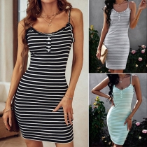 Fashion Contrast Color Stripe Ruffle Bodycon Slip Dress