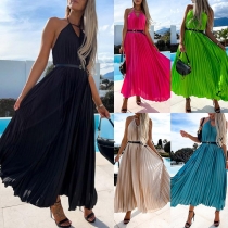 Fashion Solid Color Cutout Backless Halter Pleated Dress