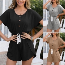 Casual Solid Color Round Neck Buttoned Romper