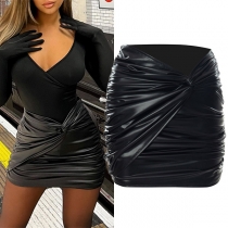Fashion Ruched Artificial Leather PU Slim Fit Skirt