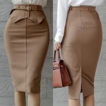 Fashion Solid Color Ruffled Belt Pencil Skirt
