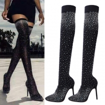 Rhinestone High Heel Boots Stretch Cloth Sexy Over the Knee Boots