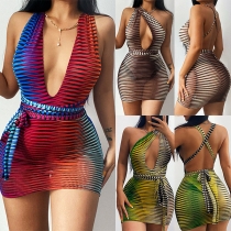 Sexy Plung V-neck Gradient Color Self-tie Hatler Bodycon Dress