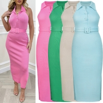 Sexy Solid Color Polo Neck Buttoned Sleeveless Bodycon Dress with Belt
