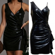 Sexy Asymmetrical  Artificial Leather PU Ruched Ruffled Bodycon Dress