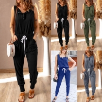 Casual Solid Color Sleeveless Drawstring Buttoned Jumpsuit