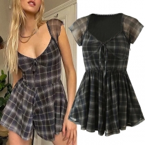 Sexy Sweetheart Neckline Cap Sleeve Gray Plaid Romper