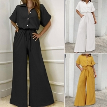 Fashion Solid Color Polo Neck Short Sleeve Buttoned Wide-leg Jumpsuit