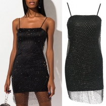 Bling-bling Rhinestone Net Spliced Slip Dress Party Dress