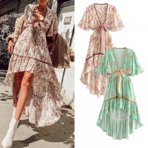 Sexy Bohemia Style Floral Printed Plung V-neck High-low Hemline Cutout Beach Dress