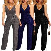 Sexy V-neck Sleeveless Self-tie Bling-bling Ribber Jumpsuit