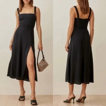 Elegant Solid Color Side Slit Slip Dress