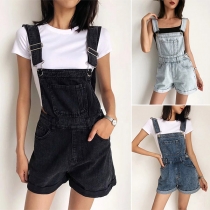 Casual Rolled Hem Denim Romper Dungarees