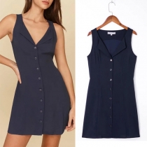 Elegant Solid Color Sleeveless Laple Buttoned A-lined Dress