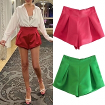 Vintage Solid Color Pleated Shorts