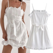 Casual Lace Embroider Ruffle Self-tie Slip Dress