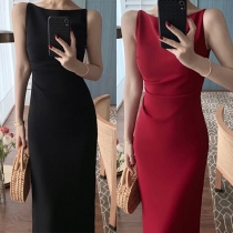 Vintage Solid Color Sleeveless Long Dress