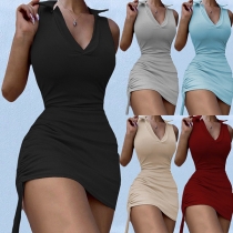Sexy Solid Color V-neck Polo-neck Sleeveless Side-drawstring Bodycon Dress