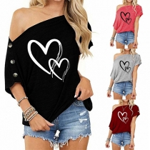 Fashion Off-the-shoulder Heart Printed Short Sleeve T-shirt