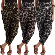 Casual Leopard Print Wrap Pants with Side Pocket