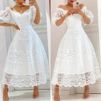 Sexy Lace Spliced Puff Short Neck Sweetheart White Party Dress