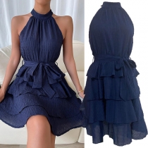 Sexy Solid Color Sleeveless Self-tie Mock Neck Tiered Dress