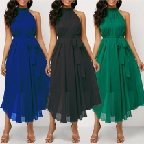 Fashion Solid Color Sleeveless Self-tie Irregular Hemline Halter Dress