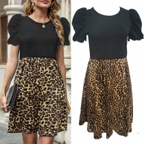Casual Contrast Color Leopard Printed Short Sleeve Mini Dress