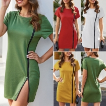 Casual Solid Color Round Neck Short Sleeve Zipper Mini Dress