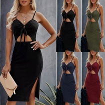 Sexy Solid Color V-neck Cutout Slit Dress