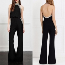 Elegant Rhinestone Backless Wide-leg Party Halter Jumpsuit