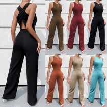 Sexy Solid Color Round Neck Sleeveless Backless Cross-criss Wide-leg Jumpsuit