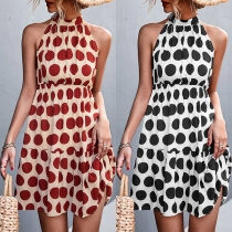 Casual Sleeveless Tiered Dot Printed Backless Halter Dress