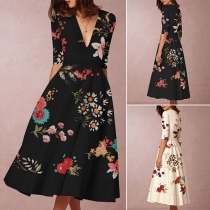Vintage Style Floral Printed Elbow-Sleeve V-neck Midi Dress