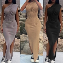 Sexy Solid Color One-shoulder Sleeveless Slit Bodycon Dress