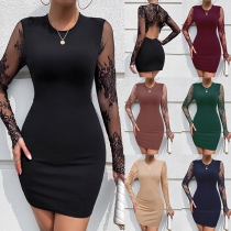 Sexy Lace Spliced Long Sleeve Backless Black Bodycon Dress
