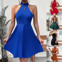 Sexy Solid Color Backless Lace Spliced Halter Dress
