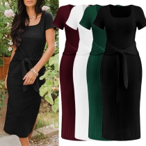Casual Solid Color Round Scoop Neck Short Sleeve Self-tie Ribber Bodycon Dress