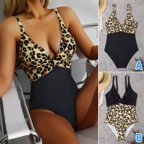Sexy Leopard Printed Contrast Color Deep V-neck One-piece Swimsuit