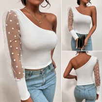 Sexy One-shoulder Gauze Spliced Long Sleeve Crop Top