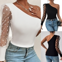 Sexy One-shoulder Gauze Spliced Long Sleeve Crop Top