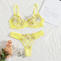 Sexy Yellow Floral Embroidered Two-piece Lingerie Set