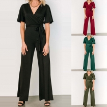 Fashion Solid Color Short Sleeve V-neck Wide-leg Self-tie Jumpsuit
