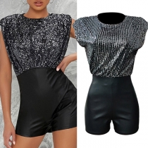Fashion Sequined Spliced Artificial Leather PU Sleeveless Romper