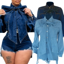 Fashion Lantern Sleeve Polo Neck Buttoned Denim Romper with Bowknot Necktie