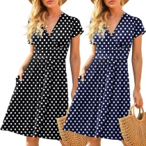 Fashion Polka-Dot Printed V-neck Short Sleeve Fit & Flare Dress